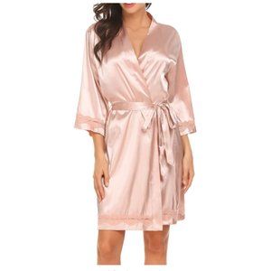 NEW! Sexy Lace Trim Silky Satin Kimono Robe
